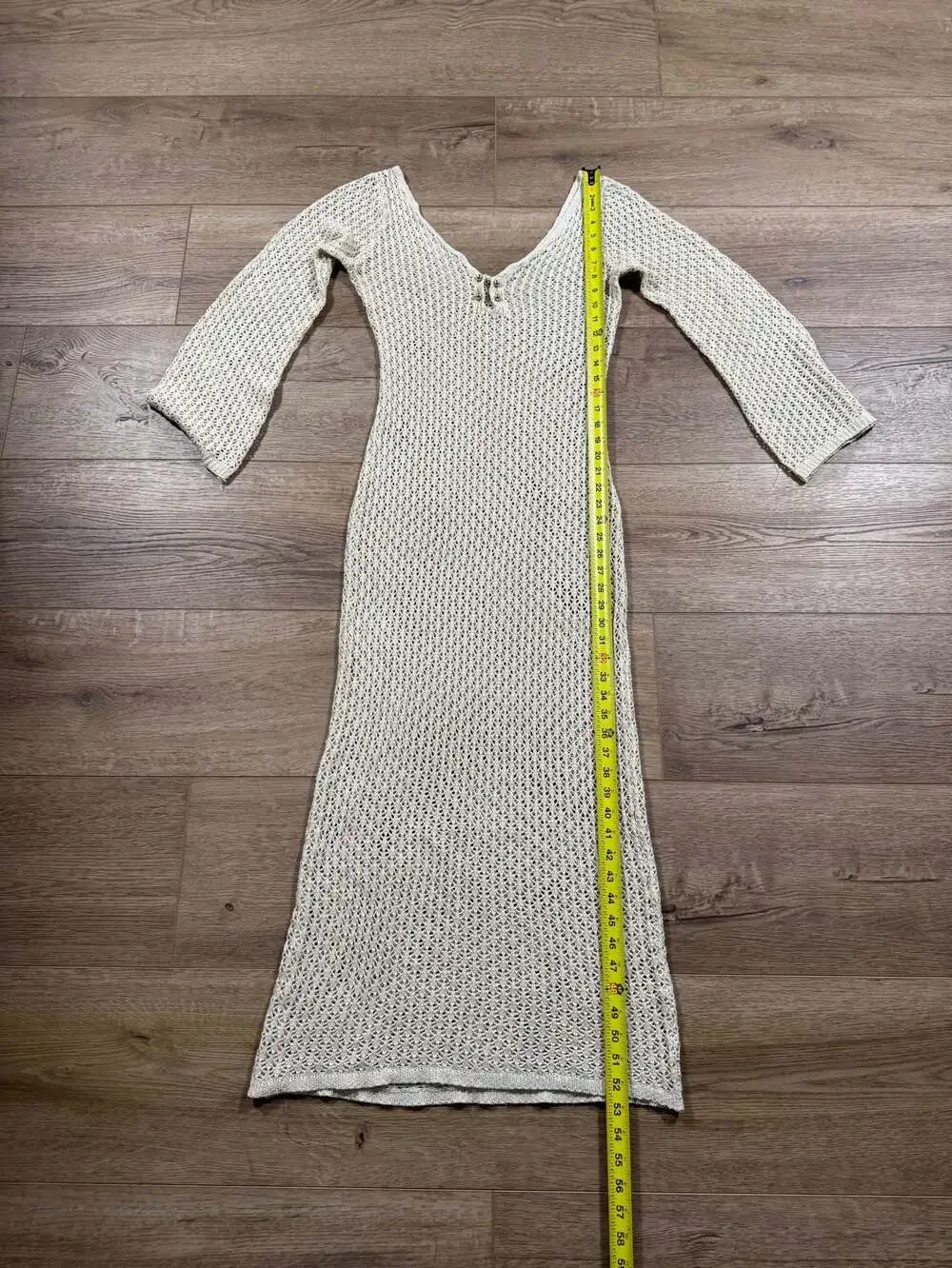 Y2K Crochet Knit Maxi Dress Bell Sleeve Beach Cover Up Boho XS - S Beige - Picture 6 of 10